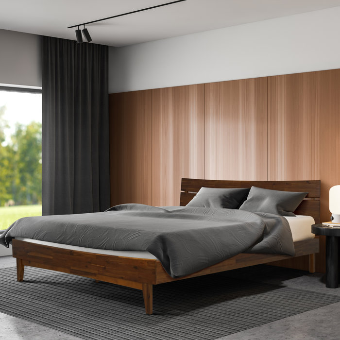 Acacia Aurora Solid Wood Platform Bed Frame with Headboard, Low Profile